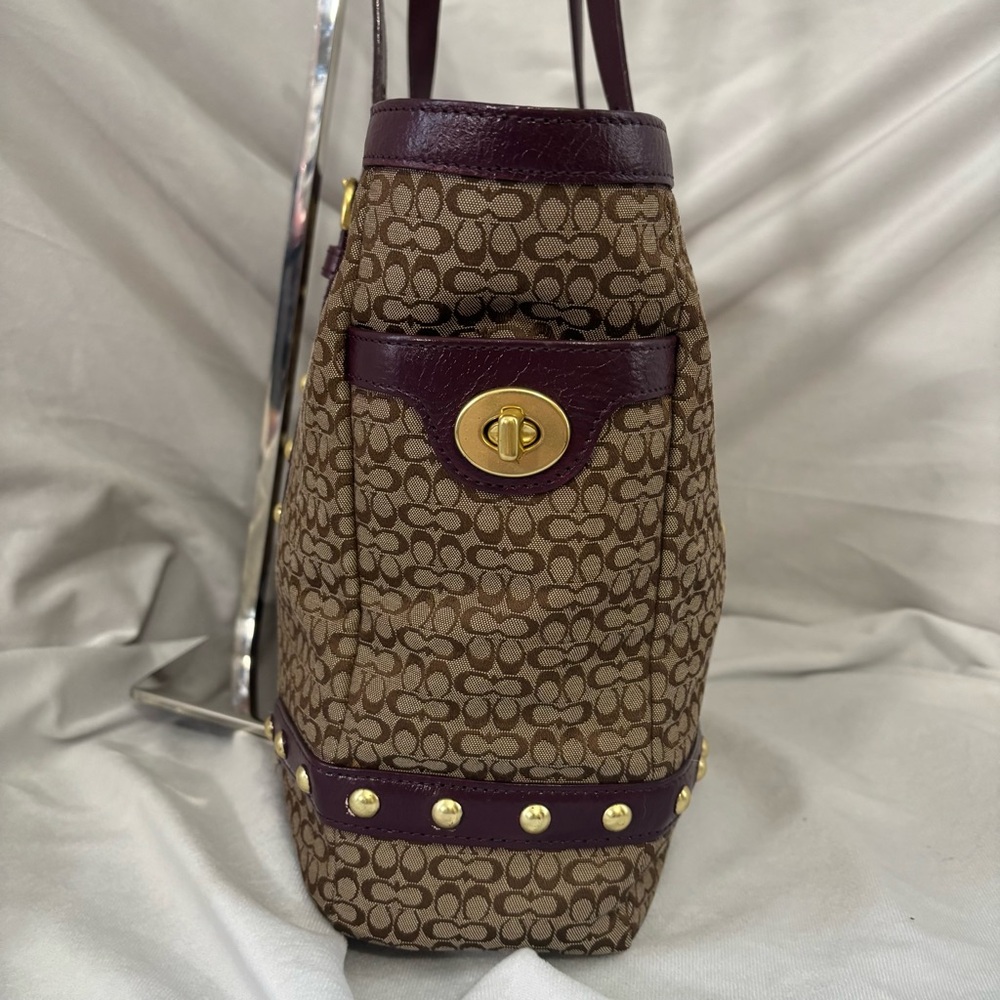 Coach Vintage Studded Signature C Shoulder Bag Tote Large Brown Burgundy Leather - Picture 6 of 14